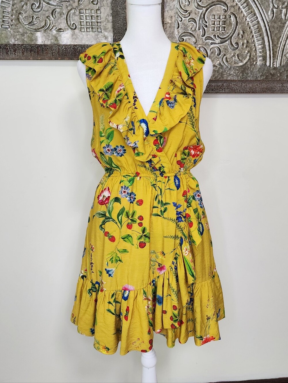 Maeve Anthropologie Mustard Floral Ruffle V-Neck Mini Dress XS Summer Picnic